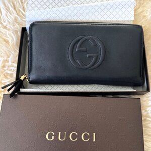 Gucci Black Pebbled Leather Continental Wallet with Tassel